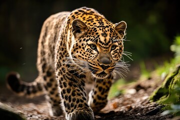 Obraz premium A large leopard is seen walking across a dirt field, possibly in its natural habitat or on a wildlife reserve