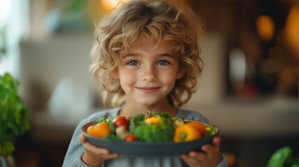 A 10-year-old child holding a plate of vegetables, smiling; symbolizing healthy eating, healthy food and the importance of a balanced diet