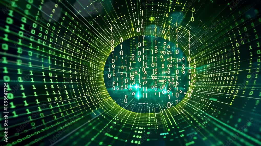 Poster an abstract digital visualization of data encryption, depicted as a tunnel composed of binary code, 