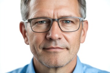Obraz premium A man wearing glasses and a blue shirt, possibly for work or everyday use