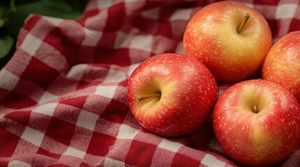 Four ripe red apples sit on a classic red and white checkered cloth, creating a rustic, fresh invitation to enjoy the simplicity of natural fruit and country decor.