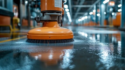 An industrial cleaning machine scrubs the floor, showcasing its circular brushes in a brightly lit factory setting, highlighting cleanliness and efficiency.
