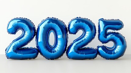 Blue foil balloons forming the year 2025 positioned on a clean, plain surface, ideal for celebrations and marking a fresh new beginning.