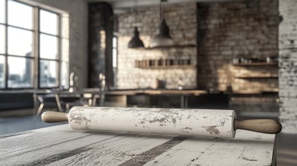 Obraz premium Rustic White Rolling Pin On Wooden Table In Kitchen