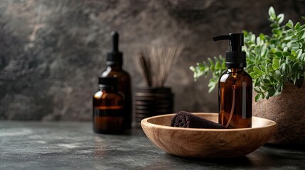 A sleek shampoo pump bottle next to a bowl of essential oils, with soft