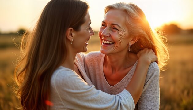 Happy mature woman, daughter embrace outdoors. Affectionate bonding moment on Mother Day. Sunlight illuminates joyful faces. Love, care shown by embrace. Family moment at countryside home. Positive