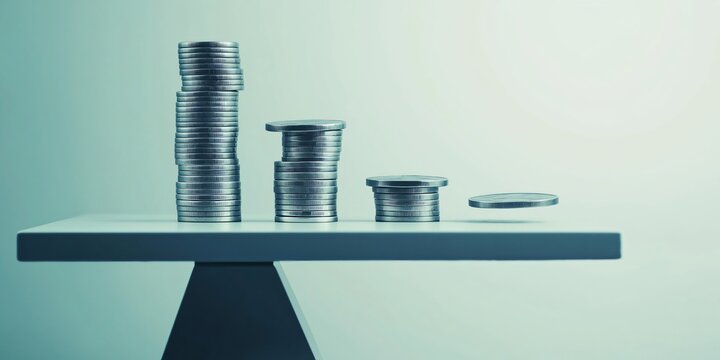 Diminishing stacks of coins balanced on a seesaw illustrate decreasing savings, economic decline, or financial instability