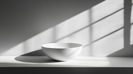 A white bowl elegantly placed with dramatic light and shadows highlighting its simple beauty, creating a serene and contemplative visual experience.