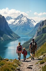 Fototapeta premium Family hiking in Norway. Mother father, child explore mountain landscape near fjord. They walk together on trail with backpacks. Active family lifestyle on summer vacation. Enjoying nature, freedom.