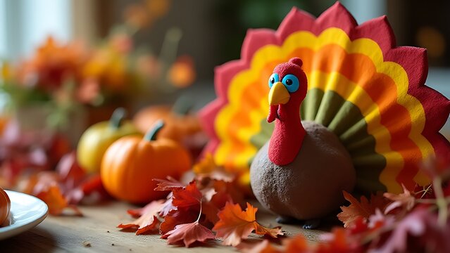 A brightly colored turkey decorates a Thanksgiving table as a cheerful greeting for loved ones on this special holiday occasion together.