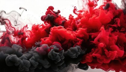Abstract Red and Black Ink Smoke Explosion, Fluid Art on White Background