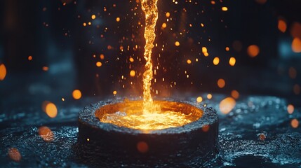 A mesmerizing scene showing a glowing molten metal stream being poured into a mold within an industrial setting. Sparks fly around creating a dynamic environment.