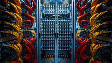 Symmetrical Array of RJ45 Patch Panels Mounted in a Server Rack Illuminated by Vibrant Ethernet Cables