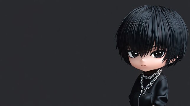 3D render of a stylish anime boy with black hair and leather jacket.