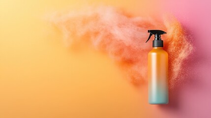 An image featuring a spray bottle releasing a cloud of colorful mist against a gradient background, demonstrating creative expression and dynamic energy.