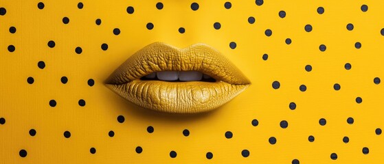 Obraz premium Golden Lips Against Yellow Polka Dot Background