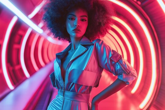 Stylish woman with wolf haircut stands in neon lit futuristic tunnel. Fashionable jumpsuit evokes sci-fi style. Modern fashion editorial portrait. Woman shows off unique fashion design. Cool,