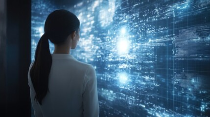 Fototapeta premium Woman viewing futuristic digital data wall.