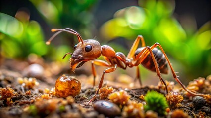 Macro image of an ant moving food back to its colony