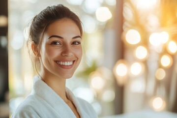 Smiling woman in white robe, warm lights in background