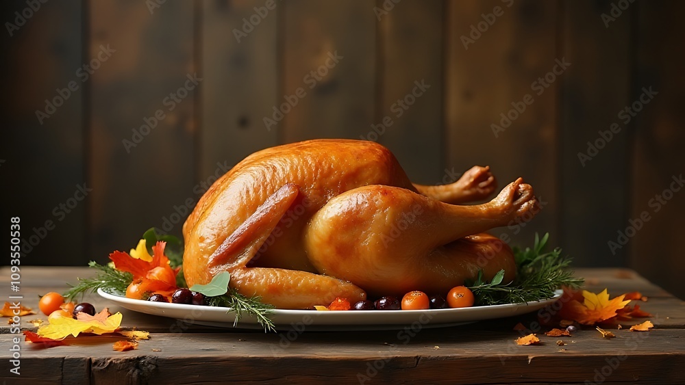 Poster a golden brown thanksgiving turkey sits atop a rustic wooden table amidst an inviting atmosphere of 