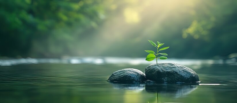 A small plant growing on rocks in a calm river.
