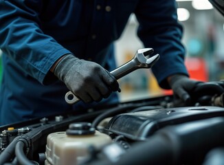 Mechanic works on car engine. Person in blue uniform repairs vehicle engine. Auto mechanic uses wrench. Car repair in workshop. Maintenance on a modern car. Auto industry