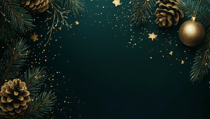 green christmas background with snowflakes and gold sequins 
