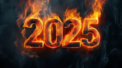 Fiery 2025 numbers blaze against a dark background, symbolizing a dynamic future, AI