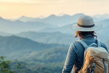 Traveler with backpack looks at mountains during sunset