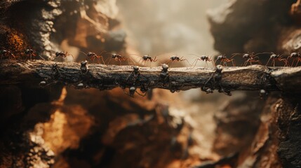 Ants marching on a decaying branch in a forest.