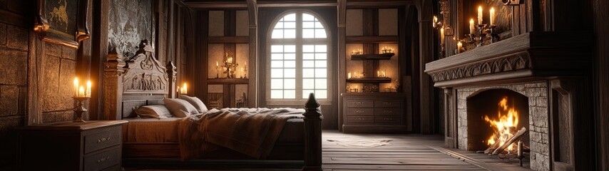 A Medieval Style Bedroom with a Cozy Fireplace