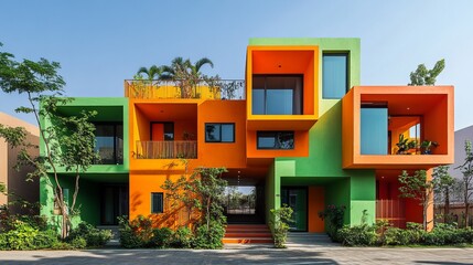 A colorful modern house features vibrant modular designs in stunning orange and green shades, with lush greenery adding a touch of natural beauty to its architecture.