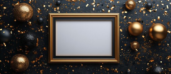 Golden frame with black background and confetti.