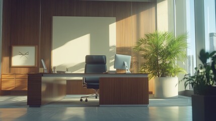 Fototapeta premium Sunlit modern office interior with desk, chair, and plants.