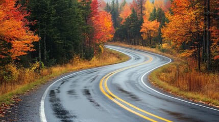 Naklejka premium A winding road showcases vibrant fall foliage with wet pavement, encapsulating the serene beauty of an autumnal landscape on a rainy day in the countryside.