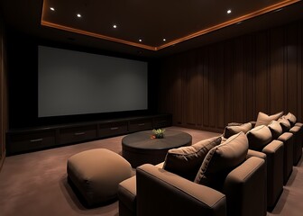 A modern home theater features cozy furniture and a large screen in a dimly lit and intimate room setting.