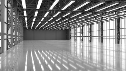 Modern empty factory interior or empty warehouse with large windows. Premises for future manufactory. 3d illustration
