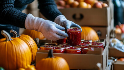 Volunteer carefully placing cranberry sauce in a box at a food bank during the holiday season, embodying charity and support 
