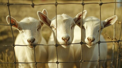 Three white goats peering through a wire fence.