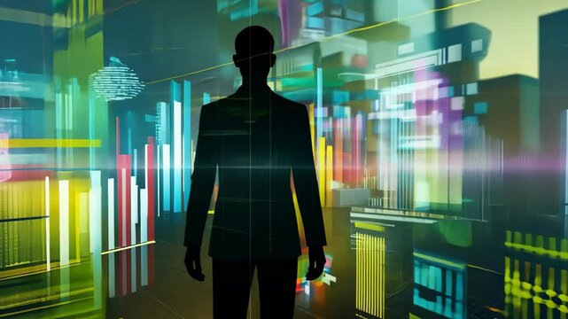 Persons silhouette against screens filled with data representing world of high-frequency trading, Visualize the digital age of high-frequency trading through a mix of technology and art