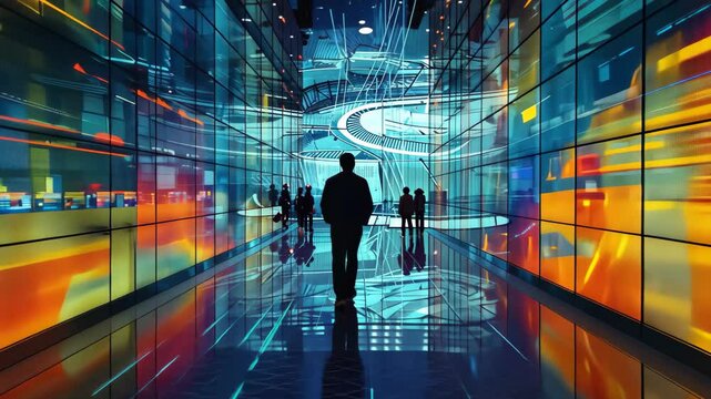 A figure moves through a hall of bright screens, capturing the fast-paced digital era, Visualize the digital age of high-frequency trading through a mix of technology and art