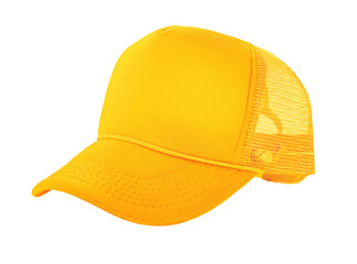 Mustard yellow trucker cap with a mesh back, isolated on a transparent background. Ideal for apparel and branding designs.