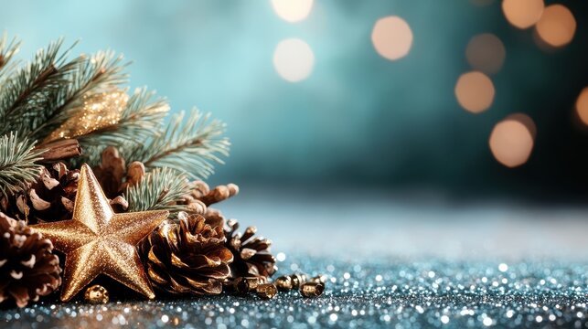 Christmas decoration featuring a gold star and pine cones on a sparkling surface with fir branches, capturing the festive spirit and holiday cheer. - Powered by Adobe