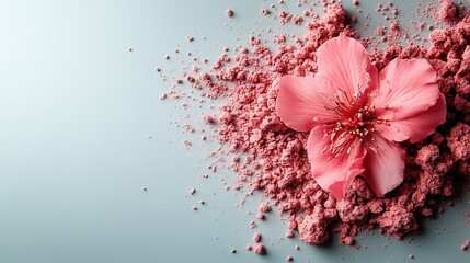 A single pink flower rests peacefully on a textured pink powder base, offering a serene display of nature's simplicity and elegance against a gentle backdrop.