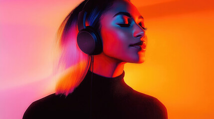 Stylish woman lost in music, wearing headphones, against bright orange and pink background, emphasizes calm focus.