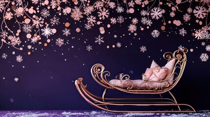 Oversized rose gold sleigh on a deep purple background, decorated with dusty pink and off-white snowflakes. Chic, modern holiday theme with a focus on oversized festive elements.