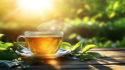 緑茶と庭の穏やかな朝