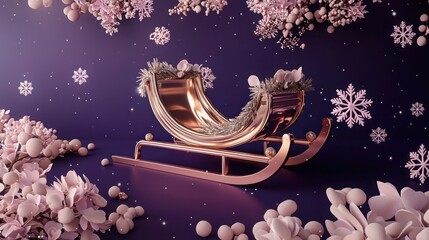 Oversized rose gold sleigh on a deep purple background, decorated with dusty pink and off-white snowflakes. Chic, modern holiday theme with a focus on oversized festive elements.