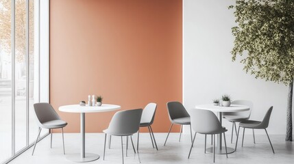 Modern cafe interior with orange wall, white tables, and gray chairs.